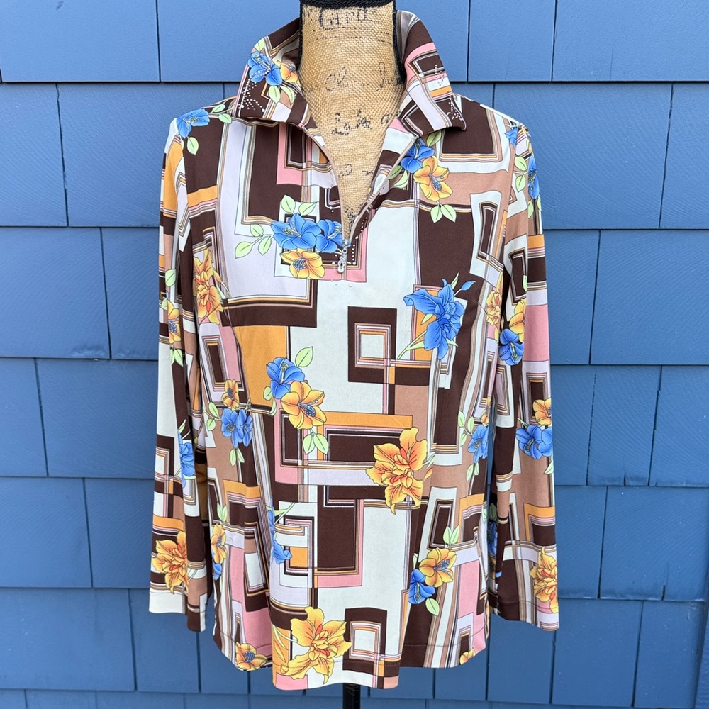 Vintage Long-Sleeve Geometric Floral Shirt — Brown, Blue & Yellow retro